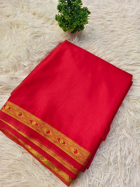 Red semi Mysore crepe silk saree