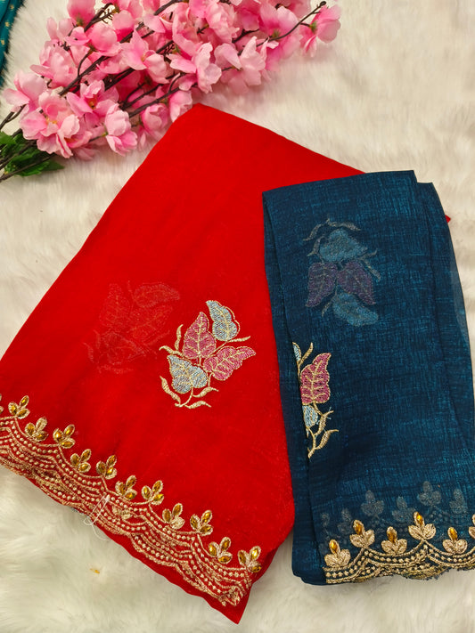Red designer shimmer saree