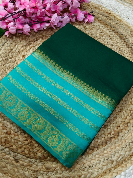 Bottle Green With Sea Blue  semi Mysore crepe silk saree