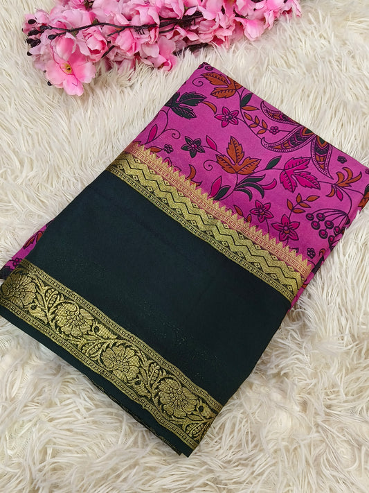 Dark Pink with Green semi Mysore Printed crepe silk saree