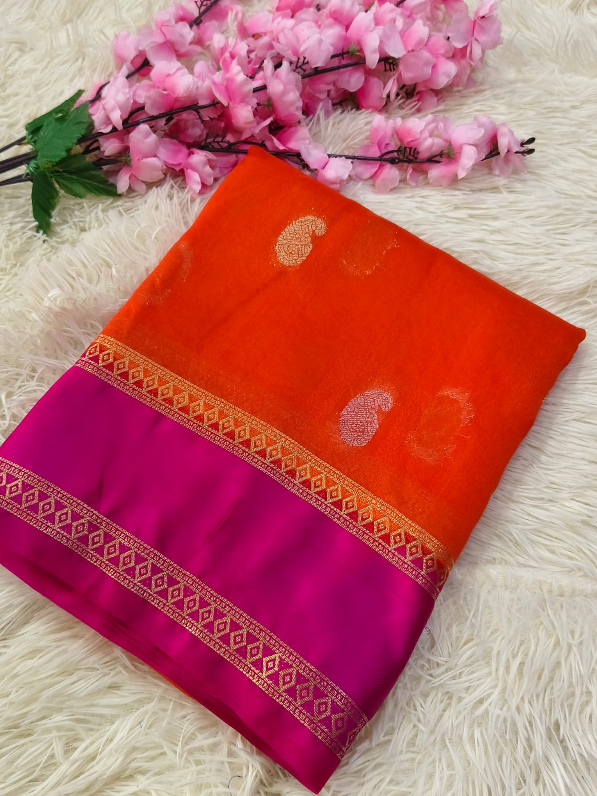 Orange With Pink Semi Mysore silk saree
