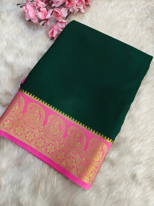 Green With Pink semi Mysore crepe silk saree