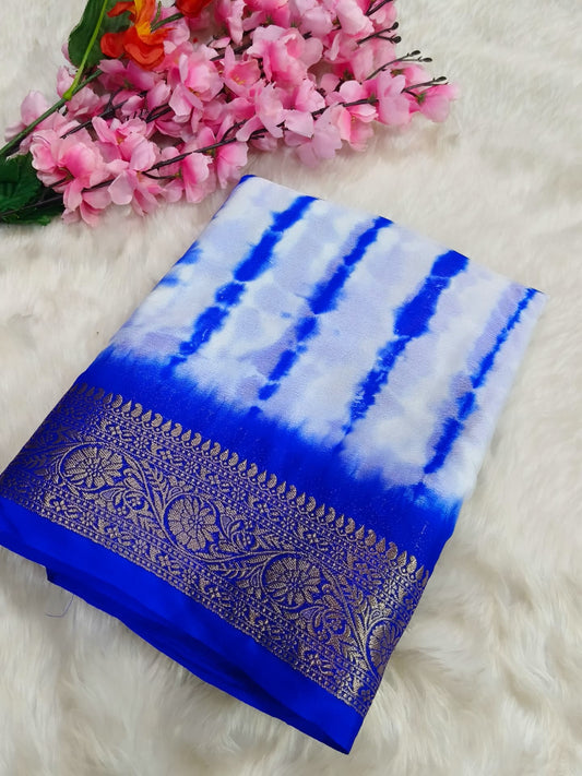 Royal blue with blue semi Mysore crepe Georgette saree