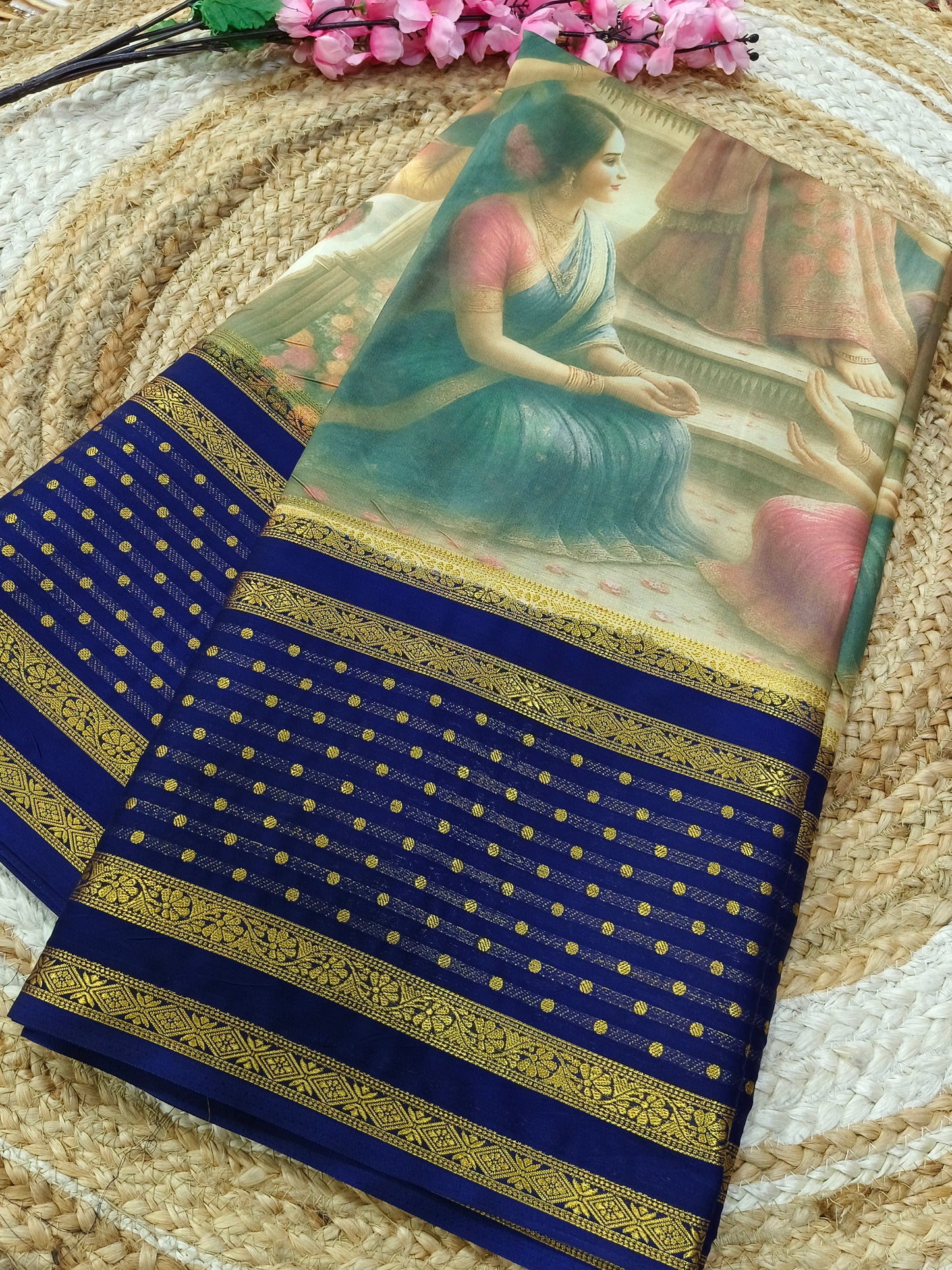 Navy Blue queen's printed semi Mysore crepe silk saree
