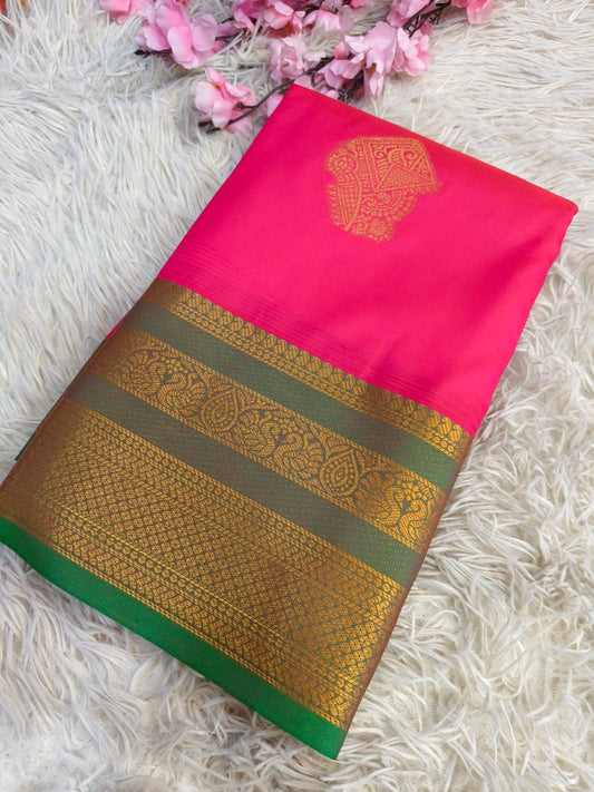 Rani pink with Green Soft semi silk saree