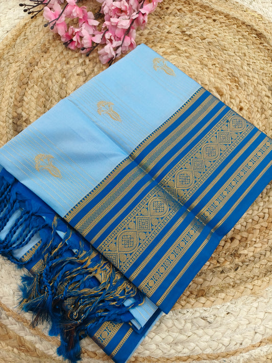 Sky blue With Blue  Elegant soft semi kanjivaram silk saree