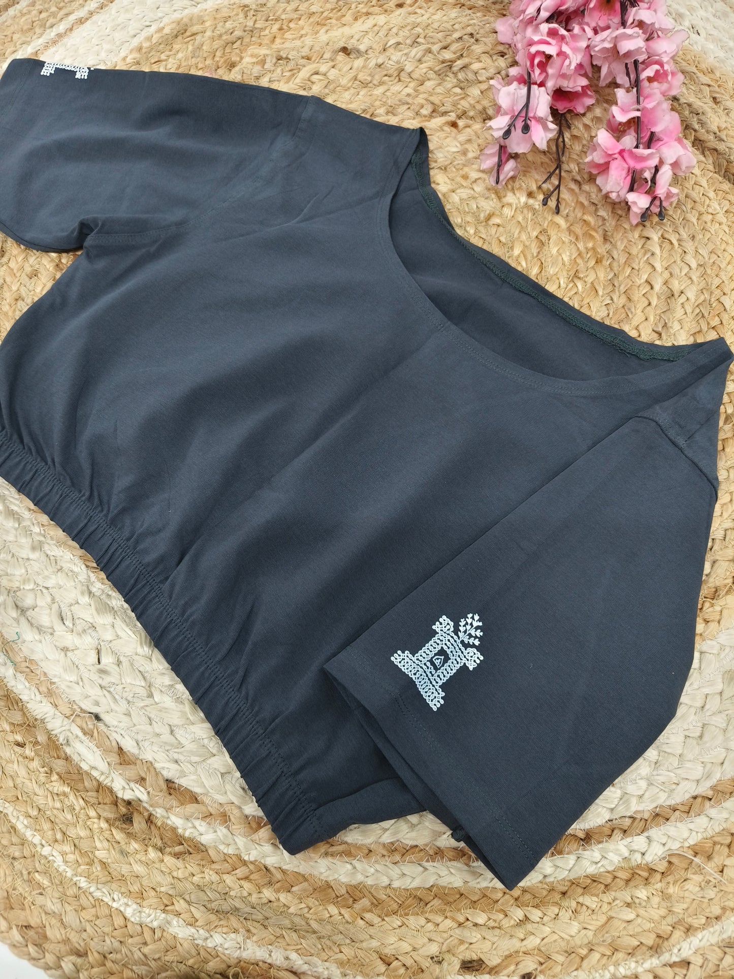 Grey Stretchable blouse with unique printed design