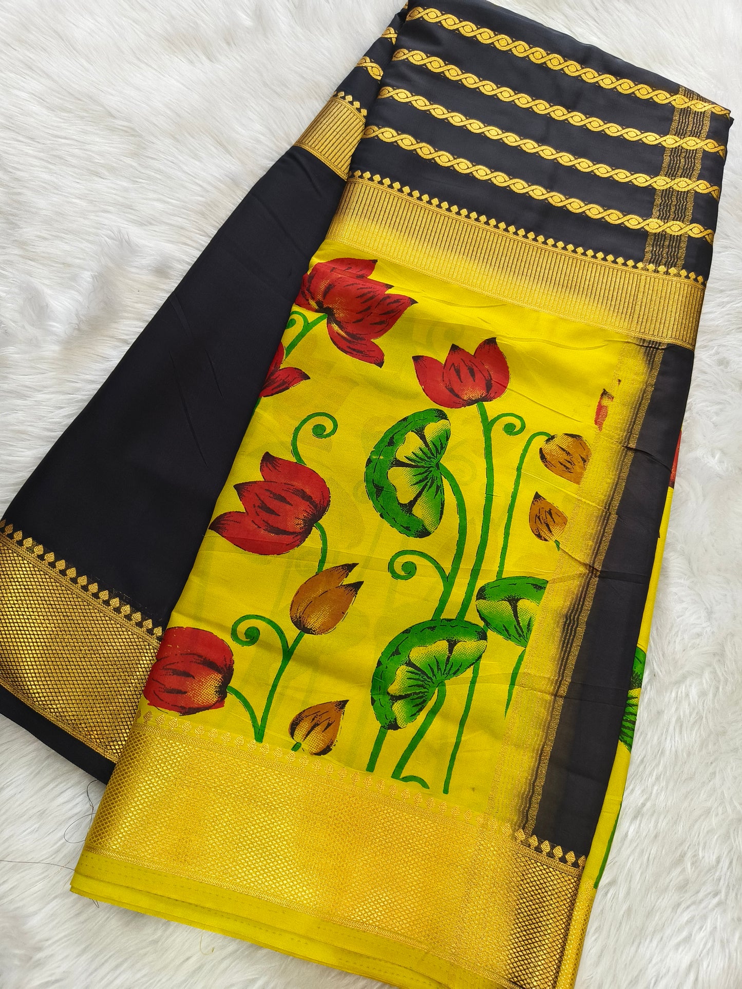 Black With Yellow semi Mysore crepe silk saree