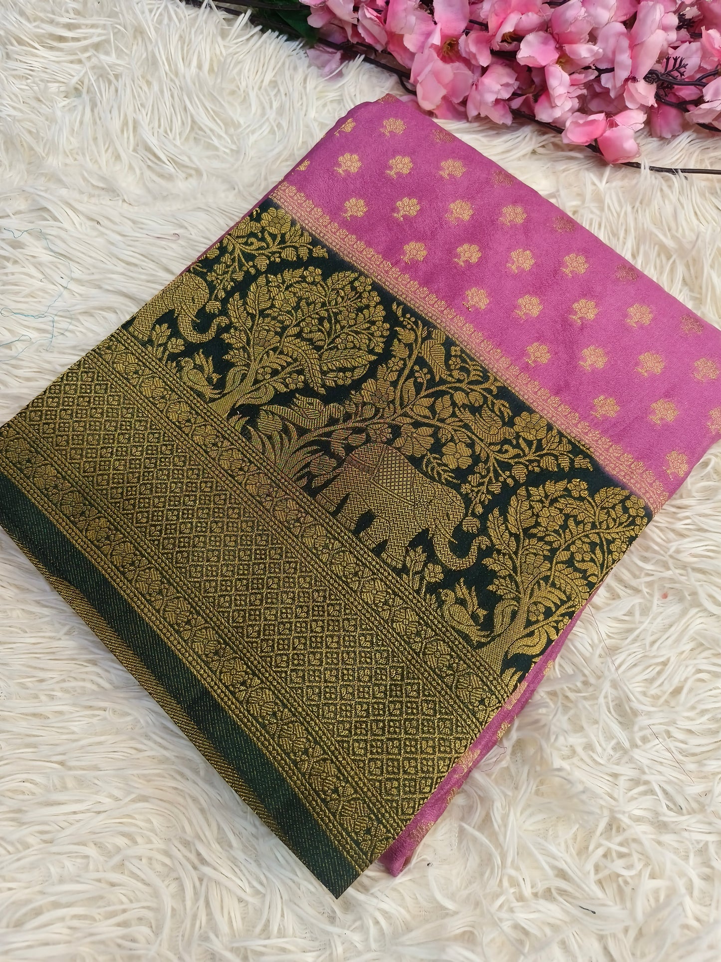 Pink with bottle green Banarasi georgette silk saree