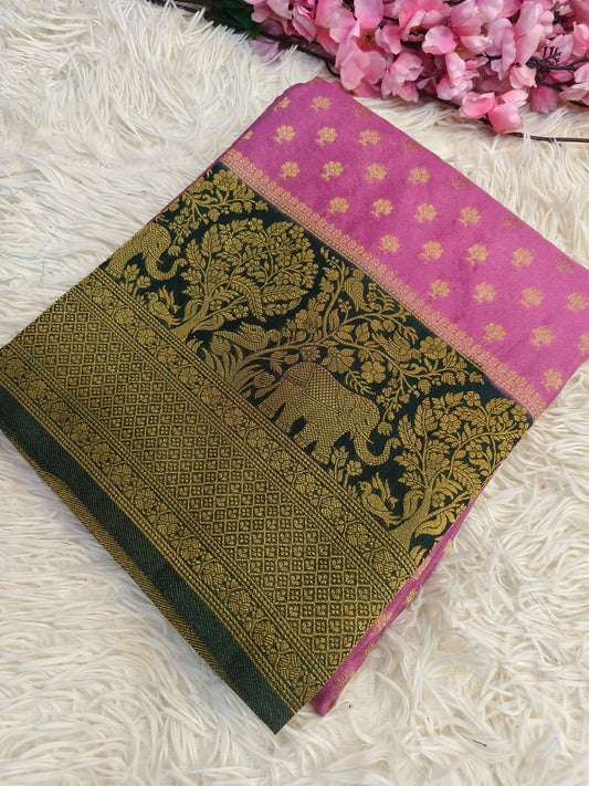 Pink with bottle green Banarasi georgette silk saree