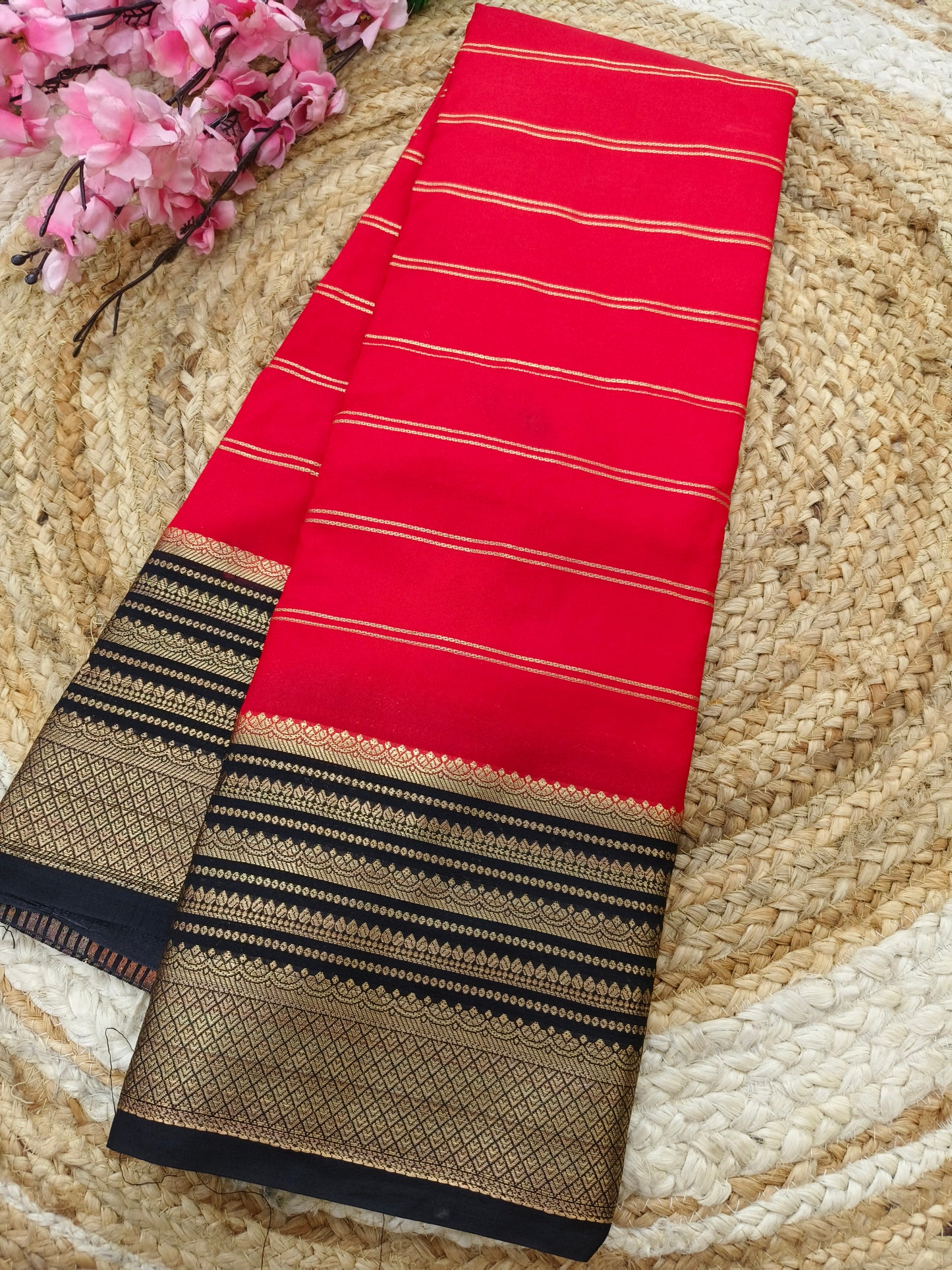 Red with Black Semi Mysore silk