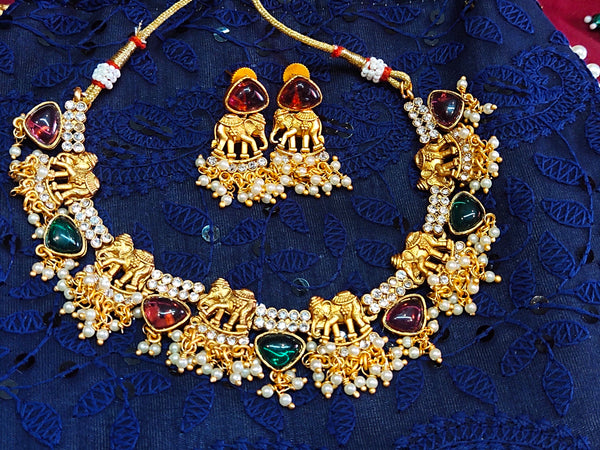 Matt Lakshmi necklace with Red and green stones and pearls