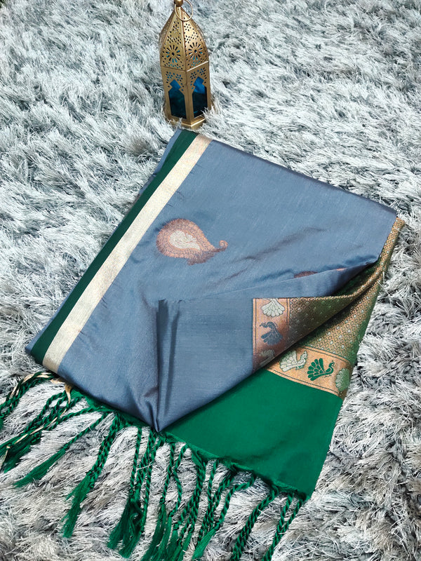 Grey With Green Semi silk saree
