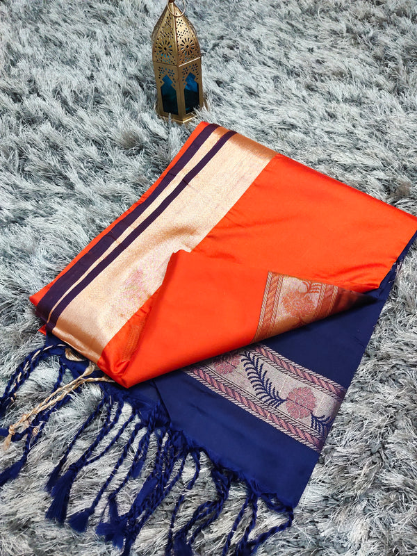 Orange With Navy Blue  Semi silk saree