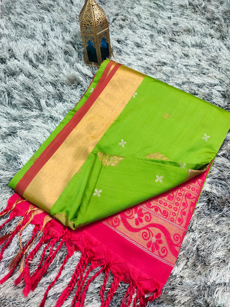 Parrot Green With Pink Semi silk saree