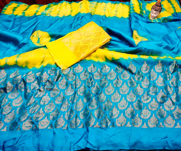 Yellow With Blue Jute Silk