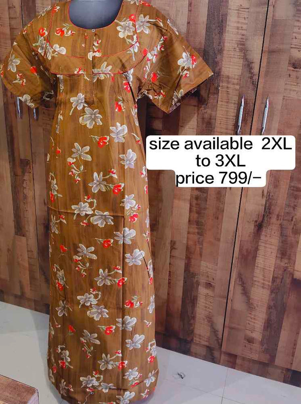 Brown Floral Front Zipper Nighty