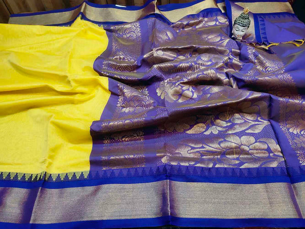 Yellow With Blue Cotton Silk Saree