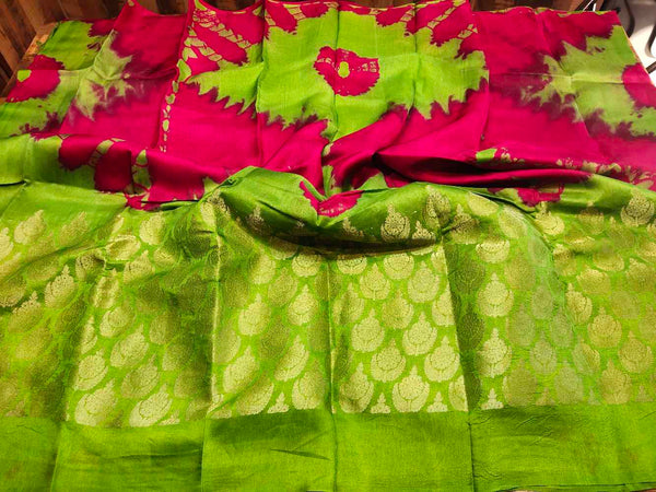 Pink with Green Jute Silk