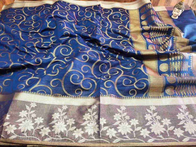 Blue Chanderi Silk saree with silver Zari border