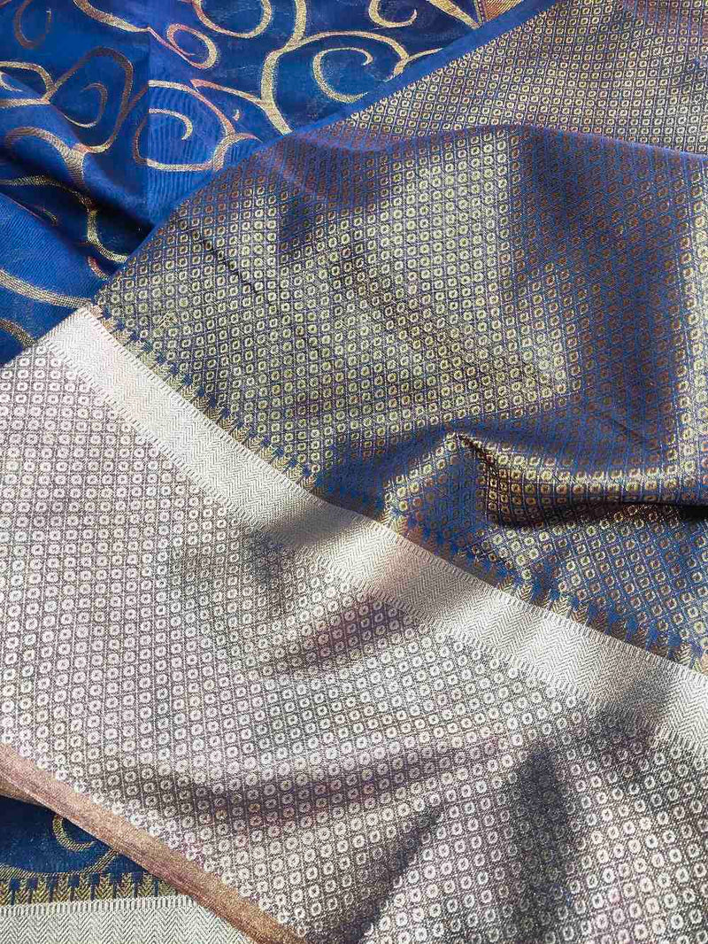 Blue Chanderi Silk saree with silver Zari border