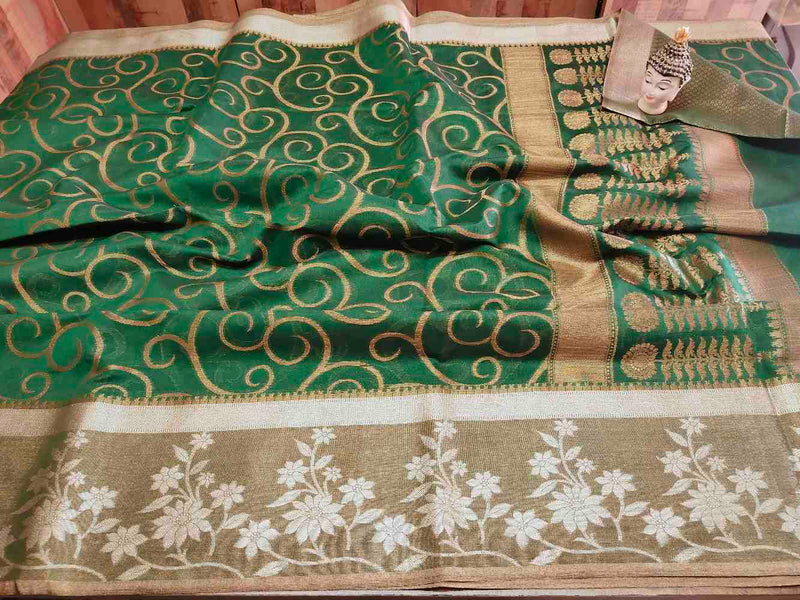 Green Chanderi Silk saree with silver Zari border