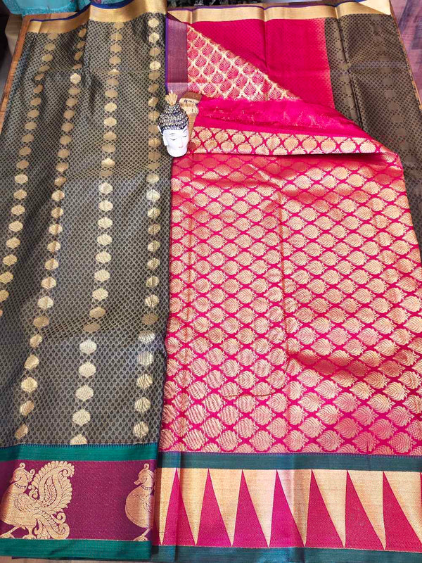 Black With Pink  Kanchipuram semi silk saree