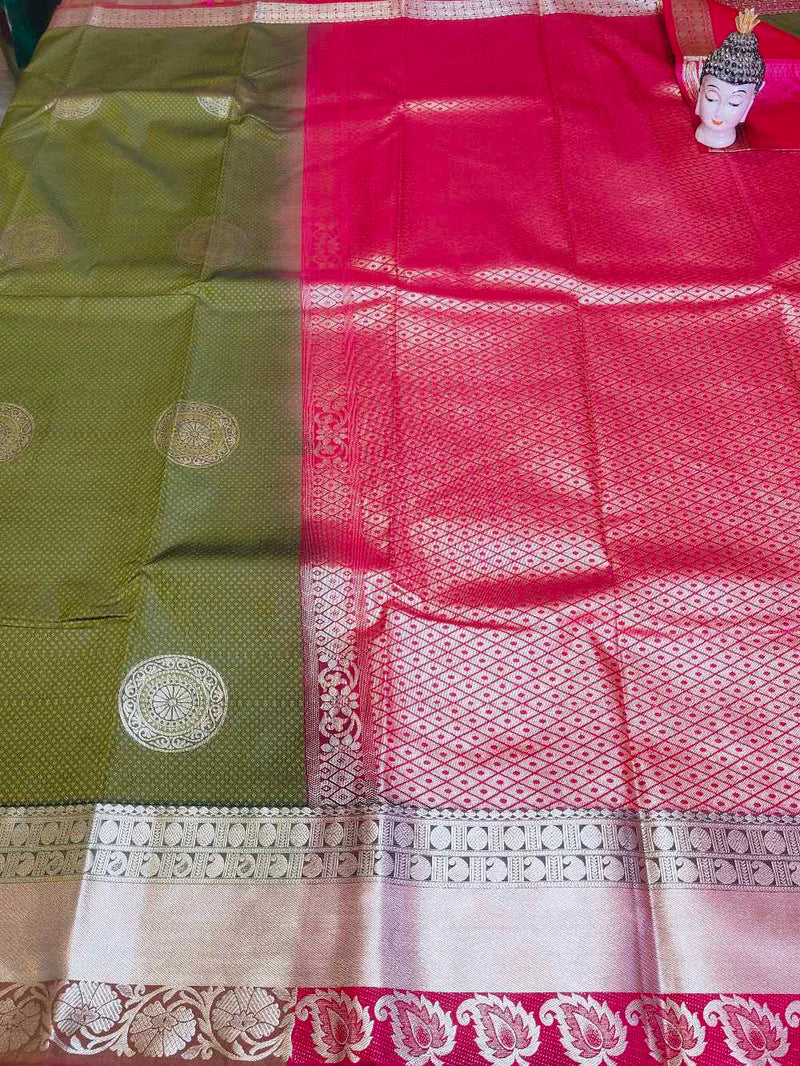 Mehandi Green Kanchipuram semi silk saree