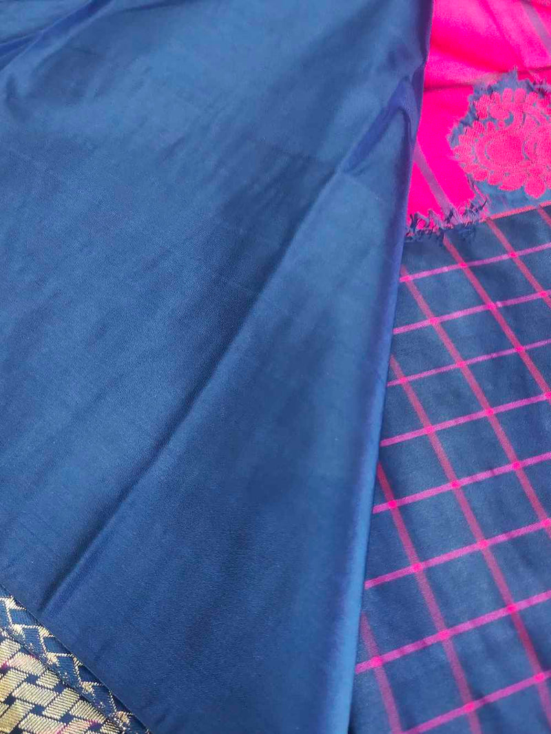 Pink  With  Navy Blue Kanchipuram semi silk saree