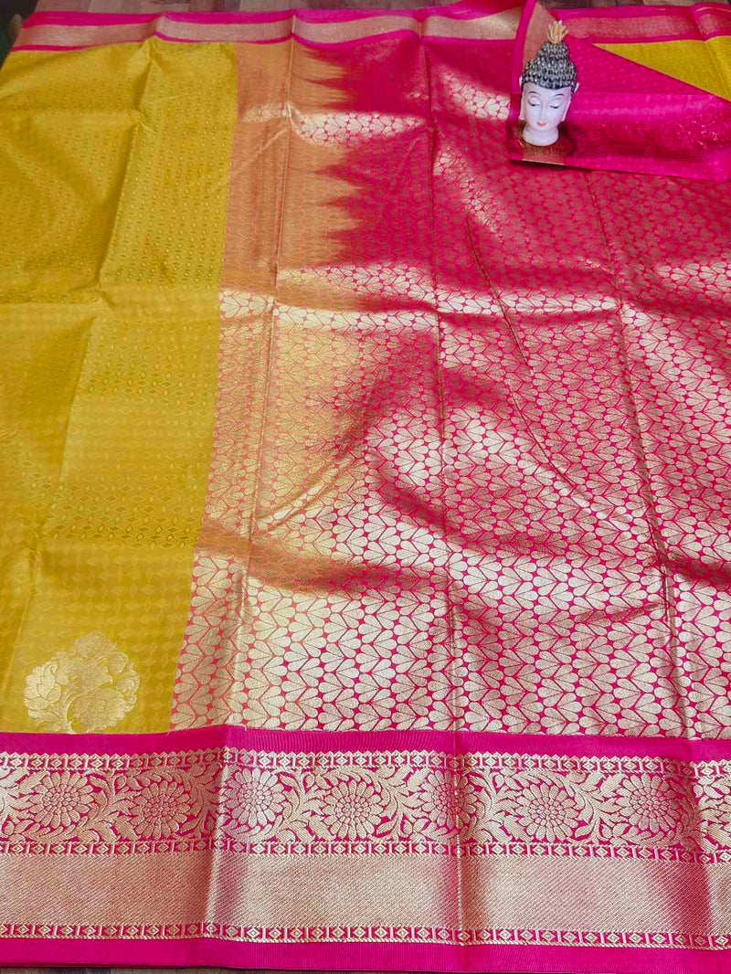 Mustard Yellow Kanchipuram semi silk saree