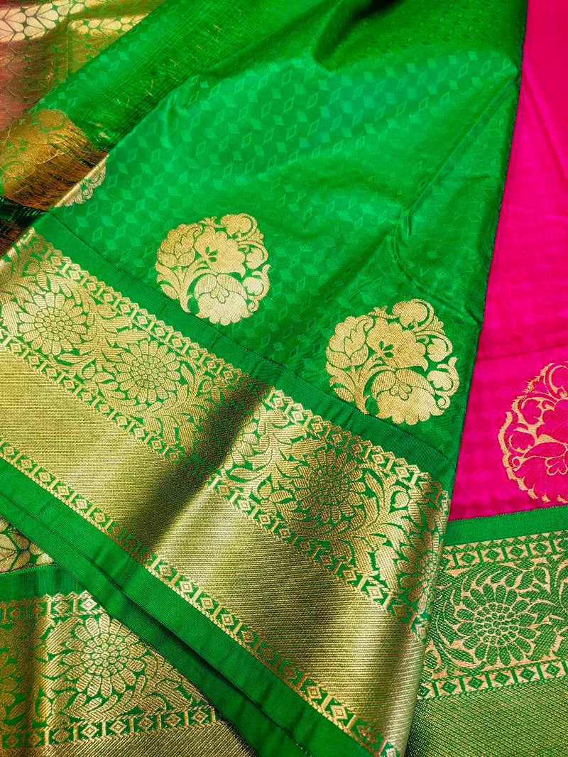Pink With  Green  Kanchipuram semi silk saree