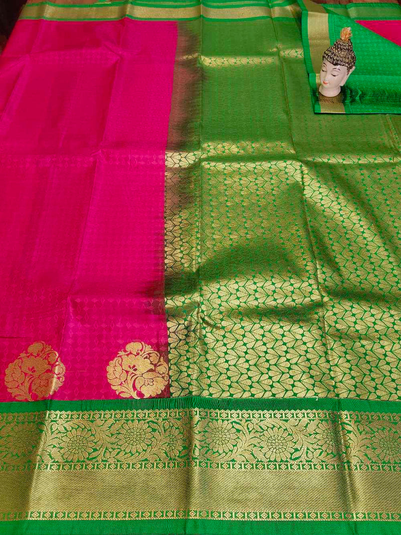 Pink With  Green  Kanchipuram semi silk saree