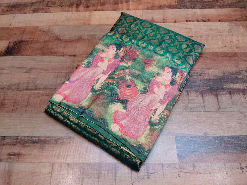 Green With pink Heritage Prints Banaras silk