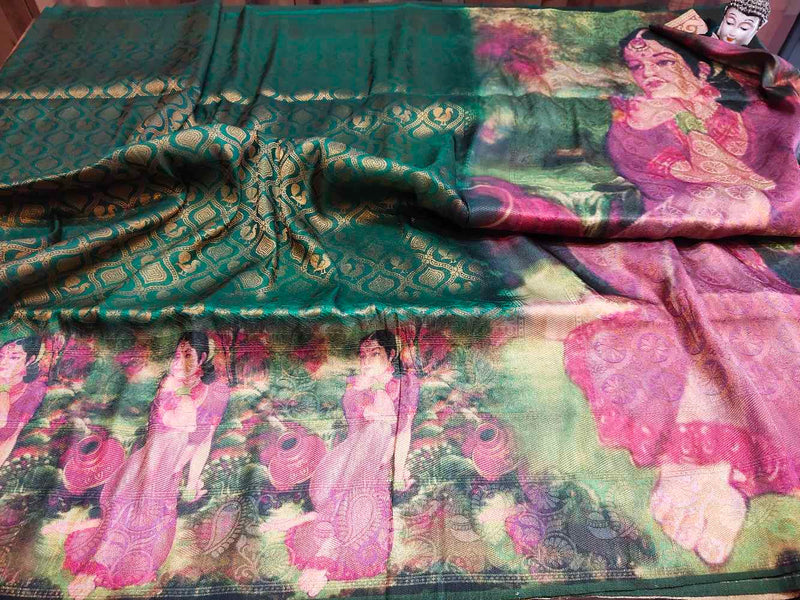 Green With pink Heritage Prints Banaras silk
