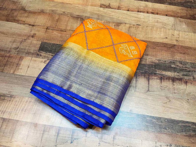 Orange linen Saree with embroidery