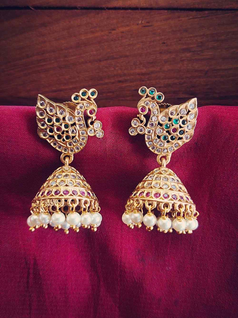 Peacock Jhumka With White ,Green &Ruby Stone