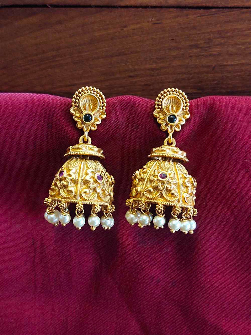 Floral Design Jhumkas With White Beads