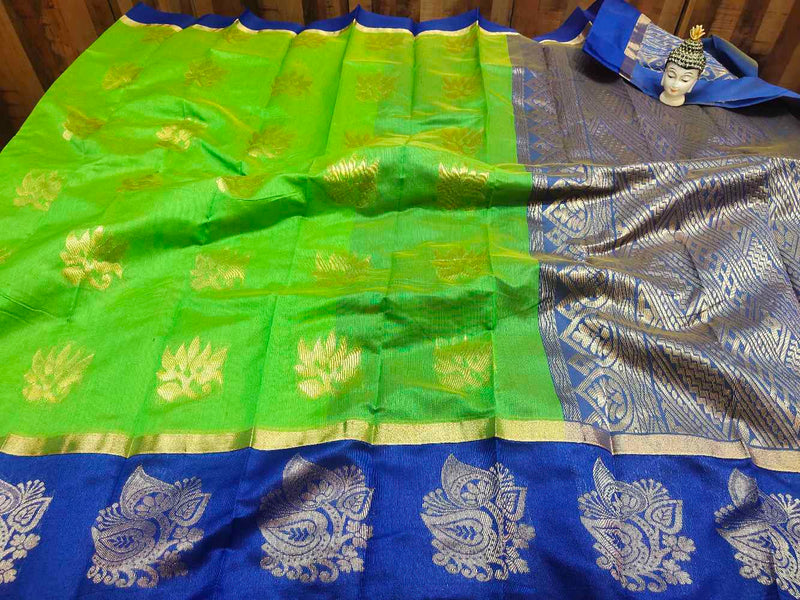 Green With Blue Cotton Silk Saree