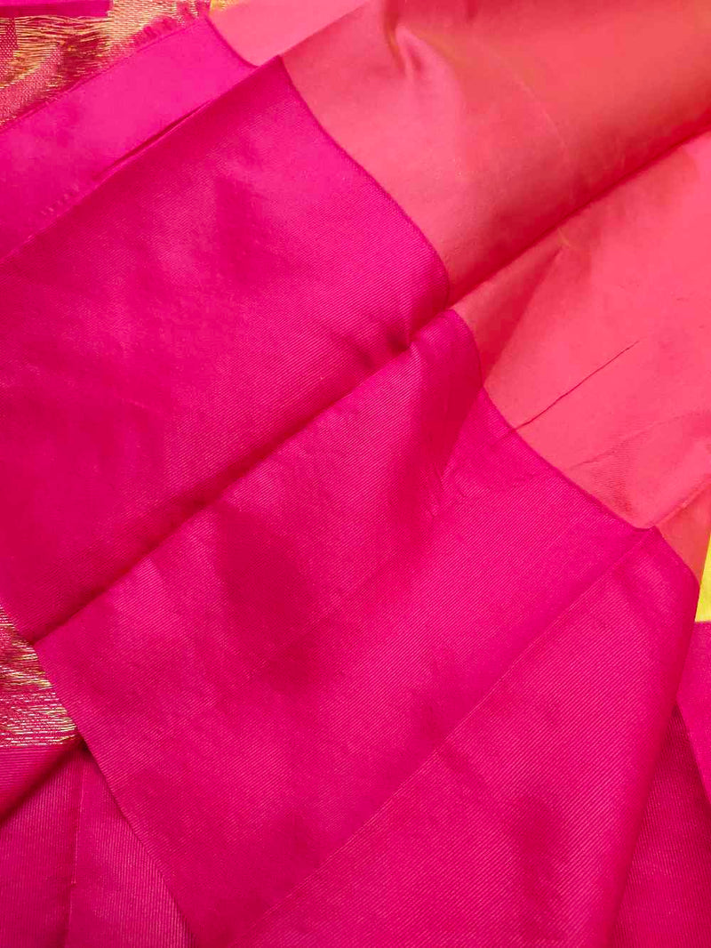 Yellow With Pink Cotton Silk Saree