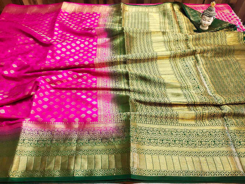 Pink With Bottle Green Dola Silk