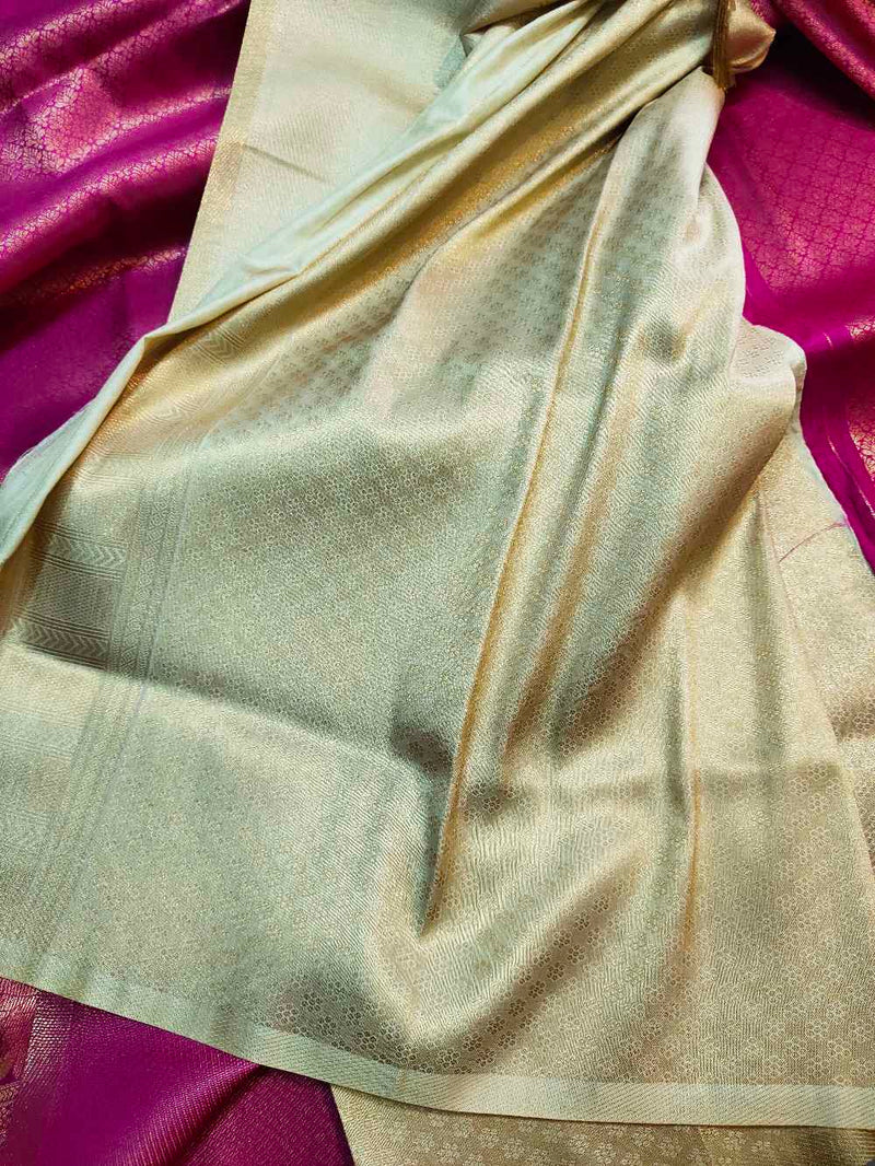 Rani pink with half White Banarasi silk Saree