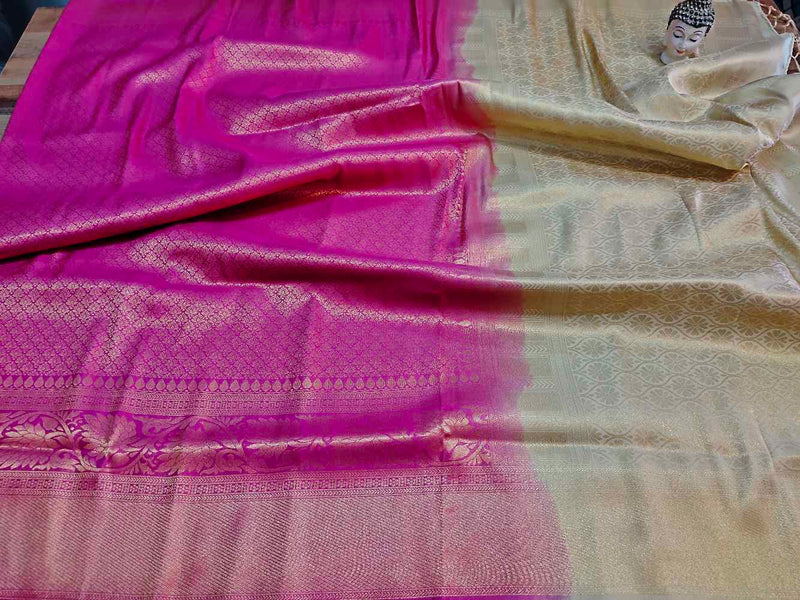 Rani pink with half White Banarasi silk Saree