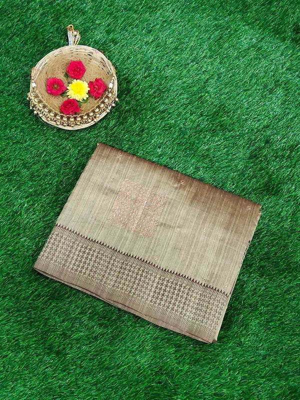 Beige Tussur Silk Saree