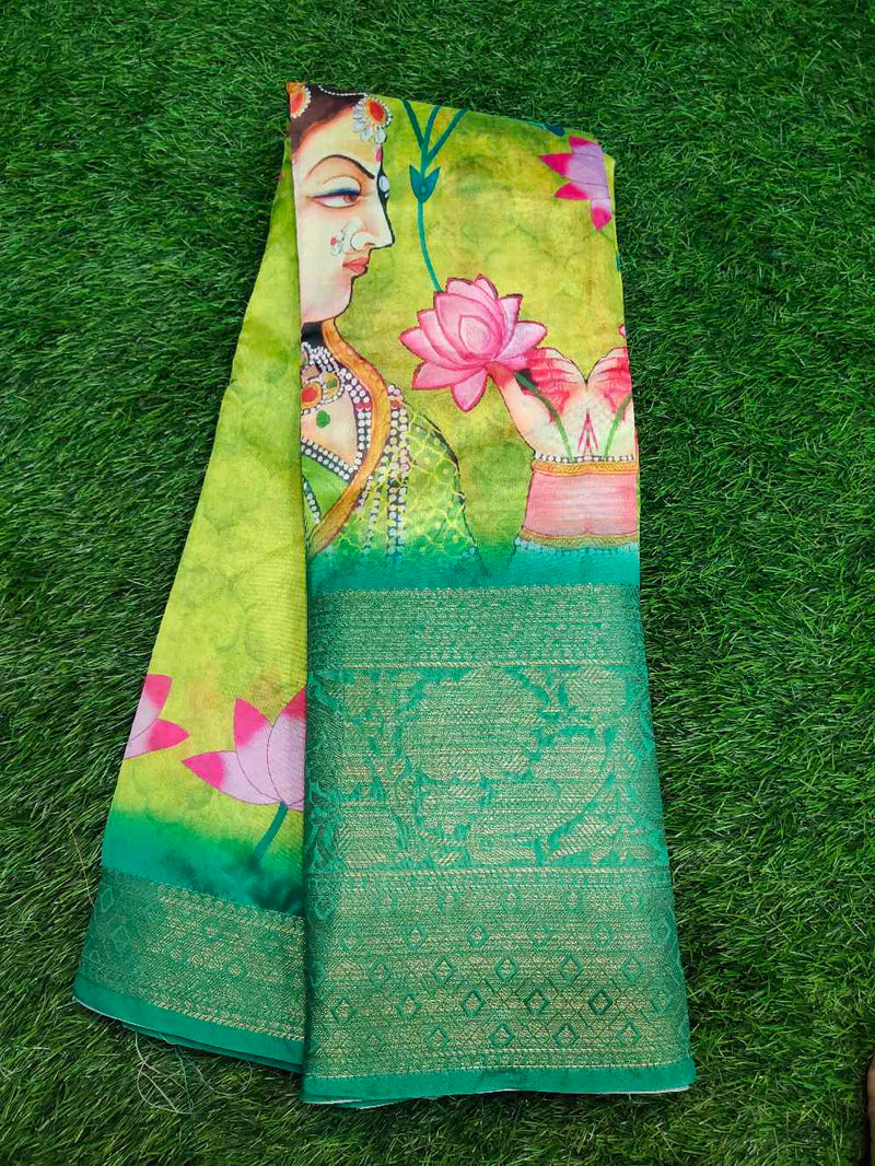 Parrot Green with Rama Green Semi silk saree
