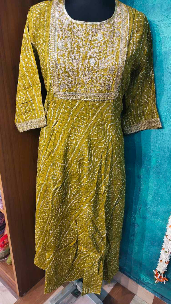 Mehandi Green Bandhini Designed Anarkali Gown