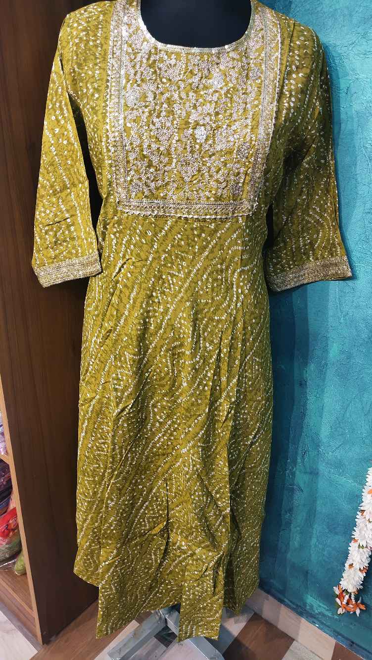 Mehandi Green Bandhini Designed Anarkali Gown