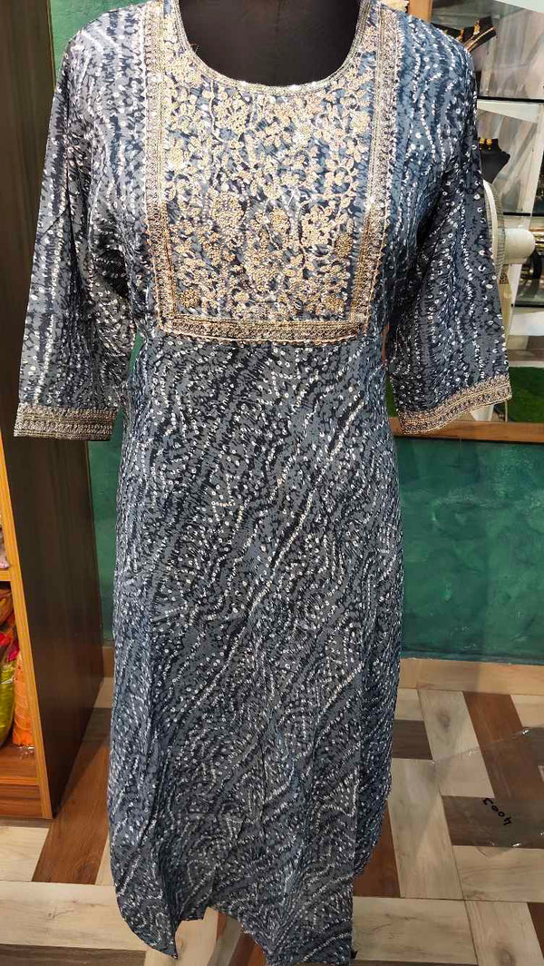 Greyish Blue Bandhini Designed Anarkali Gown