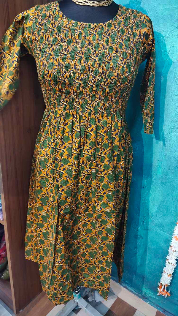 Yellow with Green Printed Designed Anarkali Gown