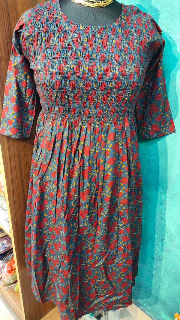 Navy Blue with Red Printed Designed Anarkali Gown