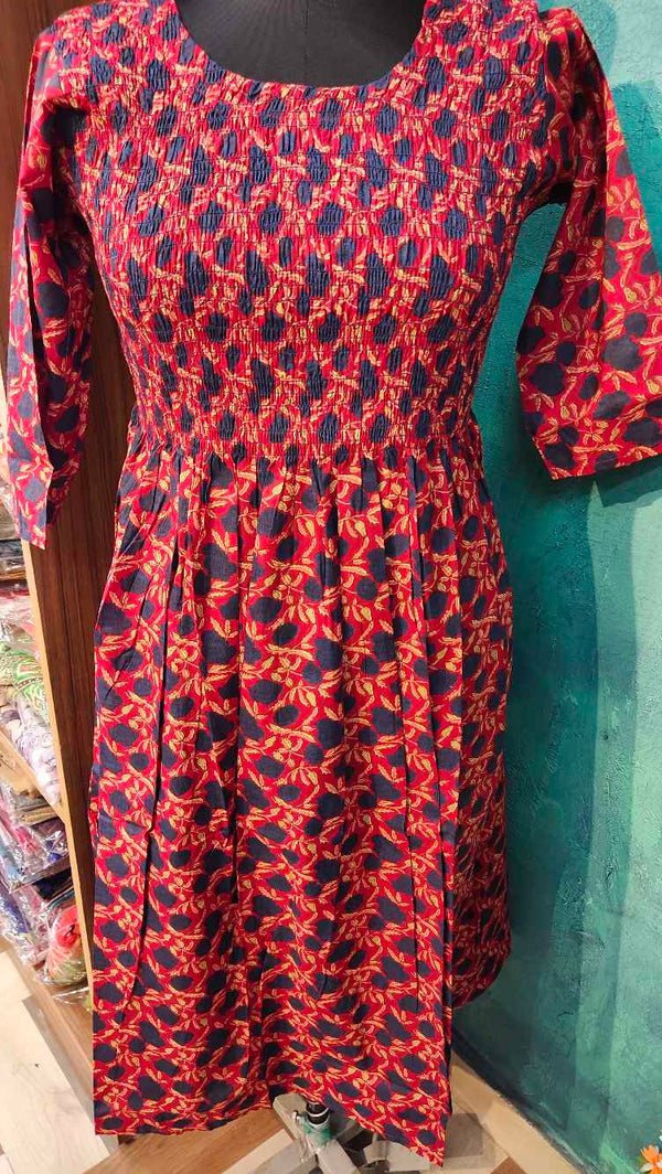 Firebrick Red with Blue Printed Designed Anarkali Gown